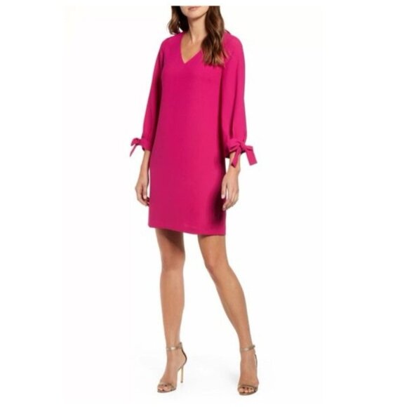 CECE Shift Dress 14 Plumeria Pink Long Tie Sleeve Stretch Career Church NEW - Picture 1 of 13